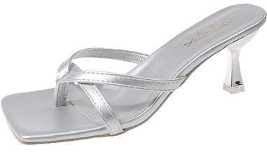 Eauptffy Pumps Sandalias de tacón alto para mujer, sandalias con separador de dedos, sandalias peeptoe con tacón de gatito, sandalias cuadradas, sandalias elegantes para mujer, clásicas, O Silver, 36