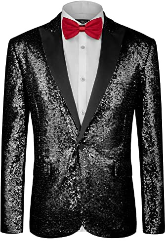 MAGE MALE Men's Shiny Sequins Suit Jacket Blazer One Button Tuxedo for Party,Wedding,Banquet,Prom Black