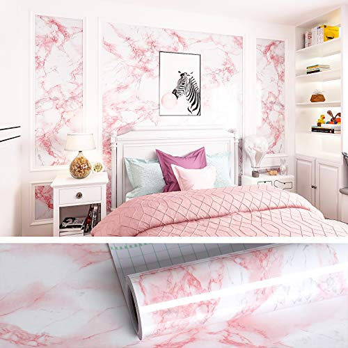 VEELIKE Klebefolie Marmoroptik Möbelfolie Marmor Folie Tapete Rosa 60cm x 900cm Mädchen Tapeten Wandtapete Fensterbank Folie Dekorfolie Schrank Folie Selbstklebend für Möbel Küche Schlafzimmer