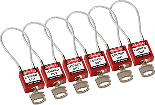 Brady Compact Cable Padlock 6-Pack - Lockout Tagout Security Lock - Safety Padlock with Nylon Body and Sheathed Steel Cable - Keyed Differently - 32mm x 35mm x 16mm - Cable Length 200mm, Red