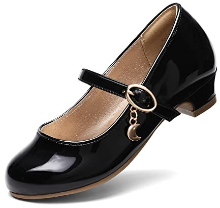 DREAM PAIRS Girls Mary Jane Low Heel Princess Flower Wedding Party Pump Dress Shoes,Size 3 Big Kid,Black/Pat,KFL219