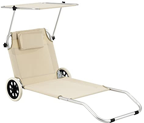 [en.casa] Tumbona con 2 Ruedas Lazkano 150 x 62 cm Silla de Playa con Parasol Respaldo Ajustable para Jardín Terraza Patio Piscina Playa hasta 110 kg Beige