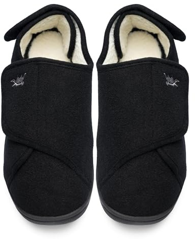 Happy Touch Mens Extra Wide Width Diabetic Slippers Memory Foam With Adjustable Soft Non-Slip Orthopedic House Shoes for Elderly Swollen Feet, Arthritis, Edema, (Blacl/White, 12)