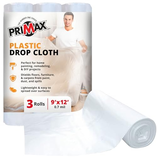 PRIMAX Plastic Drop Cloth for Painting 9x12 ft 3 Pack Plastic Sheeting