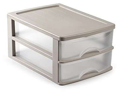 CABLEPELADO Torre de almacenamiento con 2 cajones sobremesa, Organizador de escritorio, Caja de almacenamiento de escritorio,18.5 cm alto x 26 cm ancho x 35 cm fondo, Beige y cajones transparentes