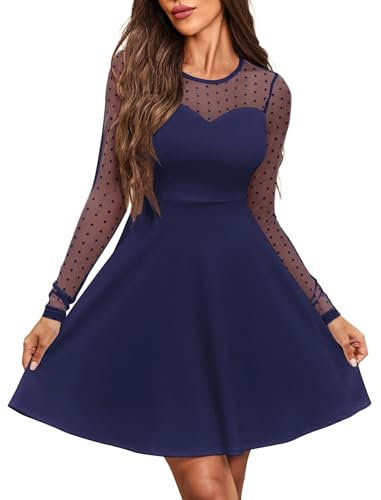 Zeagoo Damenkleider Festlich Hohe Taille Swing Kleid A Linie Vintage Cocktailkleid Knielang Partykleid Langarm Elegante Freizeitkleider Spitzenkleid XL