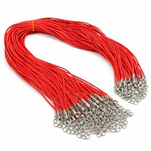 Smyckesband halsband färg röd 46 cm bomullsrep vaxad 1,5 mm, 30 st halsband flätat med silver karbinhake lås