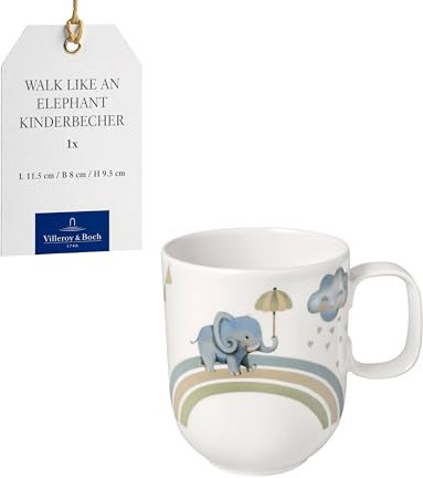 Villeroy & Boch – Boho Kids Walk like an elephant Kinderbecher mit Henkel groß, Spülmaschinenfest, Mikrowellensicher, Kindertasse, Tasse Kinder, Tiermotiv Elefant und Faultier, Premium Porzellan