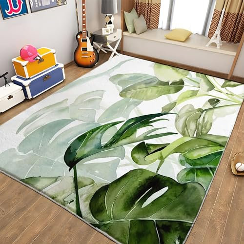 Generic Grün Home Waschbarer Teppich Monstera-Blätter Modern Designer Kurzflor Teppich Pflegeleichte Waschbare Teppiche für Wohnzimmer, Schlafzimmer, Esszimmer Teppich 120 x 170cm
