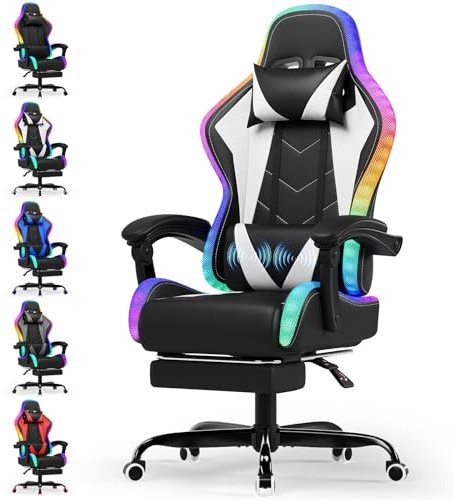 Devoko Chaise Gaming Ergonomique avec LED RGB, Massage Lombaire & Repose-Pieds – Fauteuil Gamer avec Appui-tête réglable – Dossier inclinable & Hauteur Ajustable – 180 kg – Blanc