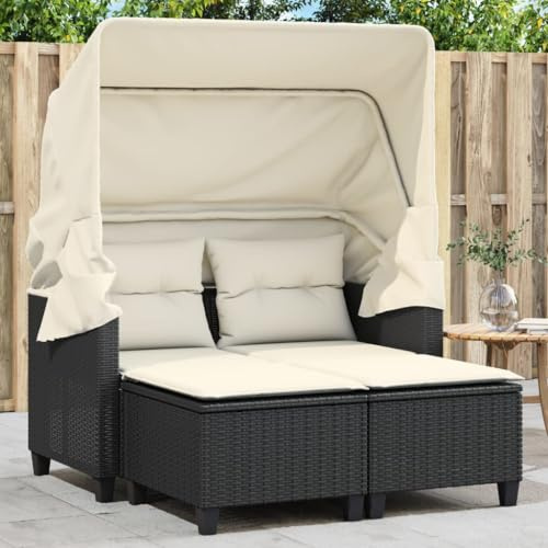 Willood Gartensofa 2-Sitzer mit Dach und Hockern Schwarz und Creme Poly Rattan Das Material ist langlebig, robust, pflegeleicht, leicht und einfach zu reinigen,Abnehmbar und waschbar