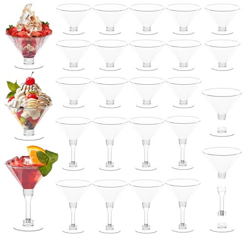Akamino 30 Pack Plastic Cocktail Glasses, 150ml/5.07oz Clear Party Martini Glasses Adjustable Stem, Reusable Ice Cream Dessert Cups for Wine,Drinking,Weddings,Birthdays,Bar,Parties