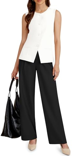 Casly Lamiit Pantsuit for Women Dressy Casual 2 Piece Outfits Business Formal Work Trendy Vest and Pants Set 2026 Summer Office Clothing Black White M
