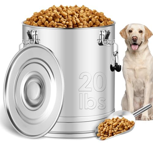 Stainless Steel Dog Food Storage Container,20LB/25LB Airtight Dog Food Storage Container with Lid to Keep Fresh,Easy Clean Large Pet Food Storage Container with Scoop for Cat Food,Chicken Feed,Rice