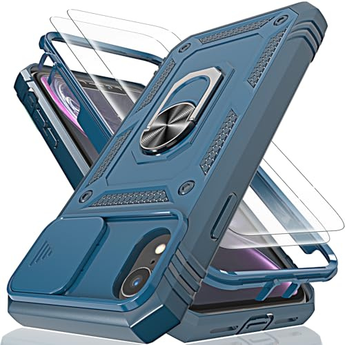 HpulaCase for iphone XR Case with Camera Cover Slider, 2*Screen Protectors,Build in 360°Rotating Ring Kickstand, Military Grade Protective Case for iphone XR-Blue