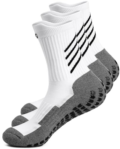 HIKERHEAVENLAR Weiß Antirutsch Fußballsocken Herren Rutschfest Gripsocken Fussball Baumwolle Damen Pilates Gripy Sport Socken Basketball Tennis Lauf Radfahren Joggen größe 43-49 Weißgrau L 3P