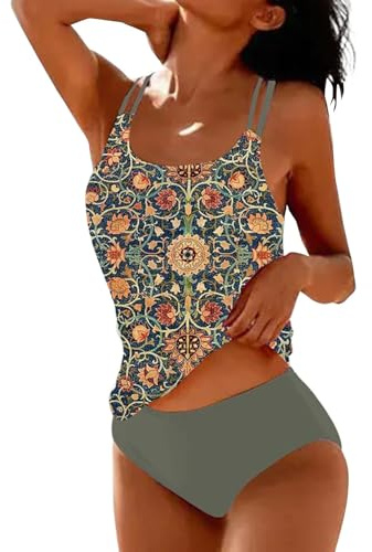 Femme Maillots de Bain Deux Pièces Push-up Ensembles Tankini 2 Pieces Imprimées Chic Taille Haute Maillot de Bain de Plage Triangle Bikini Set Col V Élégant Swimwear