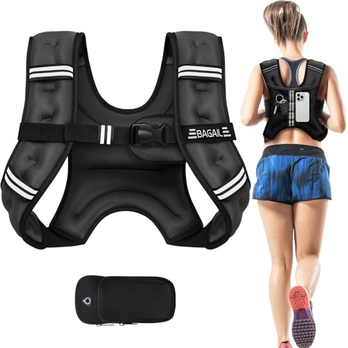 BAGAIL Gilet zavorrato per allenamento della forza, gilet 5 kg con misura del busto regolabile, striscia riflettente e comoda tasca, ideale per allenamenti, yoga ed aerobici