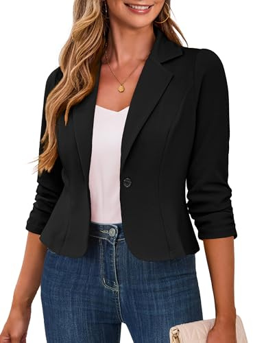 Traleubie Black Cropped Blazer Lapel Collar 3/4 Sleeve Business Work Casual Suit Jackets for Women L