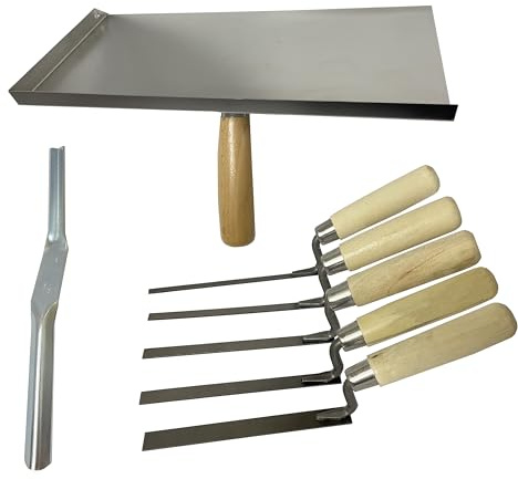 A 7-piece brick joint repair tool set,Stainless steel Pointing Brickwork Hawkincluding 5 carbon steel finger trowels and a grout trowel, suitable for DIY filling and repair work, bricklaying and grout