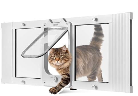 VEVOR Katzenklappe Katzentür Anpassbar an Fensterbreiten (889-1016 mm), Wetterfeste Haustiertür mit 4 sicheren Verriegelungsmodi & Aluminiumrahmen & Hochtransparentem Glas & Magnetverschluss, Weiß