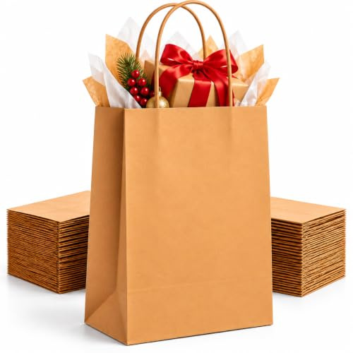 HURUC Brown Paper Bags with Handles 200 Pack Large 130 GSM | Strong kraft paper bags for shopping, retail, takeaway, gifts and everyday use.