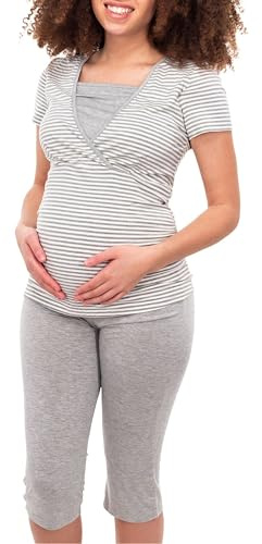 Herzmutter ammande pyjamas - moderskapspyjamas - korta korta ärmar - randiga pyjamas för graviditet - puerperium pyjamaset - nattkläder för amning - 2600 (XL, Vit/Grå)