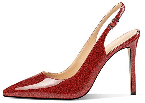 Soireelady Women's Pointed Toe Slingback High Heels Court Shoes Ladies Stiletto Pumps 10 CM Red Glitter EU42