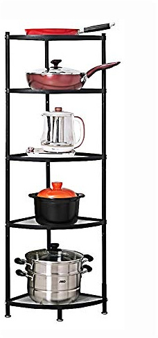 CarolynDesign Kitchen Corner Shelf Stand - Height Adjustable Storage Rack, Countertop Pot Holder, Stackable Multi-Layer Freestanding Metal Storage, Black (5-Tier)