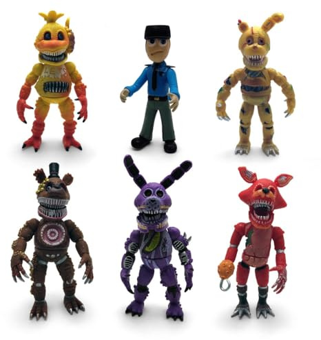 Toysvill Inspired by Five Nights at Freddy Game Action Figures Collection Toys (FNAF) Toy, Set 6 pcs, Height 6in [Nightmare Foxy, Freddy, Bonnie, Fazbear, Chica and Human Security] with Masks