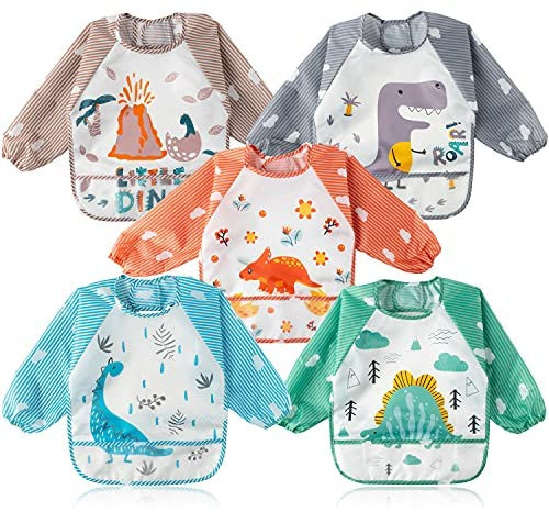 ANGOLIO 5 STÜCKE Langarm Lätzchen für Baby Kleinkind Niedlichen Dinosaurier Wasserdicht Flecken- und Geruchsbeständig Langarm Fütterung Lätzchen für Säuglinge Jungen Mädchen 9-36 Monate
