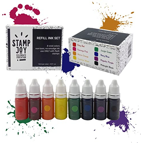 Stamp Joy - Premium Refill Ink for Self Inking Stamps and Stamp Pads, Ink Pads, Teacher Stamps for Classroom, Stamps for Teachers, Water-Based, 8 Color Set