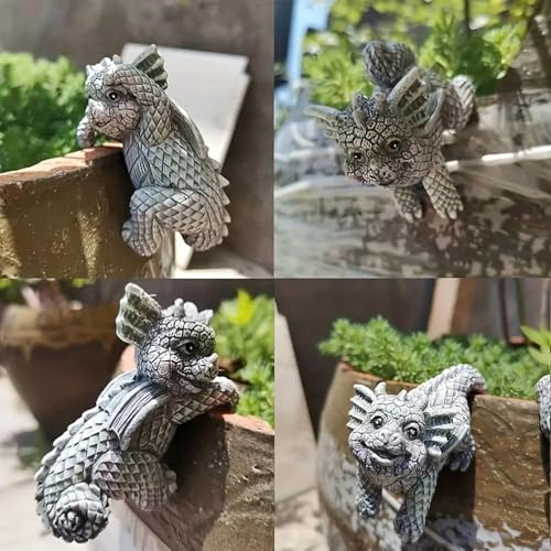 Tuzsocr Drachen Gartenfigur 4er Set, Miniatur, Kunstharz, wetterfest