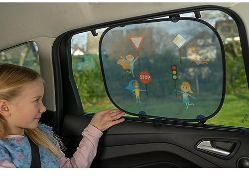 cartrend Auto-Sonnenschutz HERO​, schützt vor Hitze und UV-Strahlen, mit Saugnapf, buntes Design für Kinder, 2er Set, blau