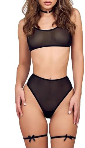 NewBull Women Lingerie Set See-Through Sexy Mesh Bra Sheer Wireless Unlined Brassiere Breathable with High Waist Ultra-thin Mesh Underwear Panties Brief Black White + 2 Garters (Black, L-XL)