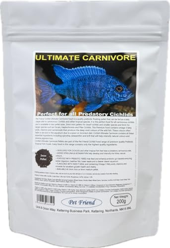 Pet Friend Ultimate Carnivore Cichlid Food 3mm Pellets 200g High Growth 49% Protein With Prebiotics That Feed Probiotic Gut Bacteria For Healthier Fish & Cleaner Clearer Water