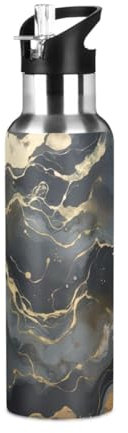 Black Gold Marble Pattern 20 Oz Sport Water Bottles Stainless Steel with Straw Sports Water Bottle Insulated for Gym Travel