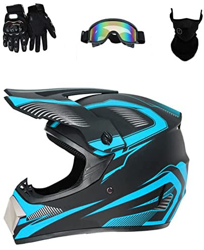 HaTur Motocross Helm Motorrad Helm DOT Downhill Fullface Helm Unisex Jugend Renn Motocross Fahrradhelm Off Road Dirt Bike Helm mit Handschuhen Brille Maske (Himmelblau, L)