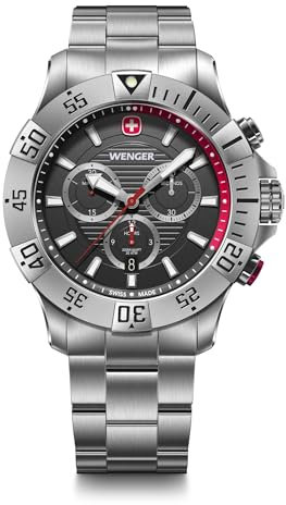 WENGER Herren Armbanduhr Seaforce Chronograph Ø 43 mm, Swiss Made, Analog Quarz, Wasserdicht bis 200 m, Edelstahl-Armband, Schwarz/Silber, 01.0643.123