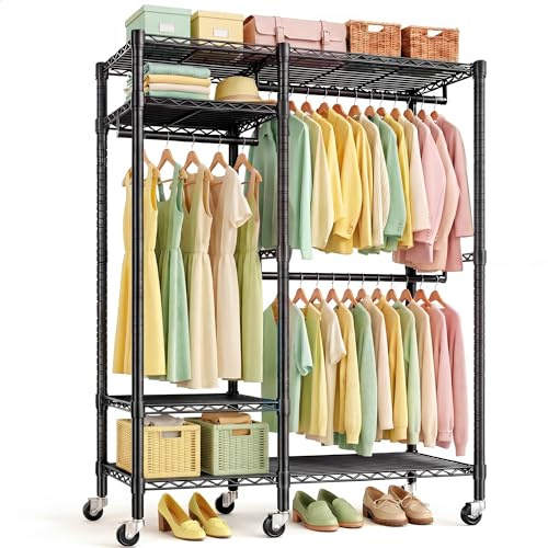 REIBII 338kg Heavy Duty Clothes Rail with Adjustable 6 Shelves and 3 Hanging Rails, Freestanding Clothes Rail on Lockable Wheels, 200cm Tall Metal Clothes Rail for Flats, Dormitories, Small wardrobes