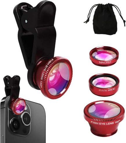 Handy Kamera Objektiv Set 3-in-1, Kamera-Adapter Clip-On Universal, Smartphone Objektiv mit 180°Fischaugenobjektiv + 0.67x Weitwinkel + Makroobjektiv, für den Meisten Smartphone (Rot)