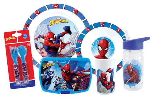 FUN HOUSE | Set Complet Boite Repas Spiderman Pour Enfant | 1 Verre + 2 Assiettes + Couverts + Gourde et Boite Goûter | Licence Officielle |Réutilisable et Micro-ondable |Marque Française |Idée Cadeau