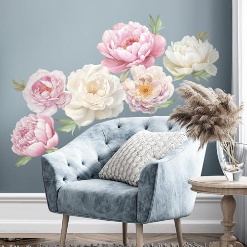 SHUCHING Grands Stickers Muraux 6 Fleurs Pivoine, Autocollants Mural Fleur Rose Blanche, Décoration Murale pour Salon Chambre Fille