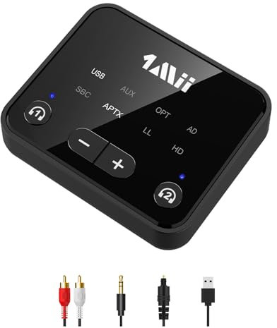 1Mii B06T6 Transmisor Bluetooth 5.3 para TV, transmisor de Audio inalámbrico con aptX Low Latency/HD/Adaptive, conexión Dual para 2 Auriculares, Alcance de 30 m, entradas óptica/USB/AUX/RCA