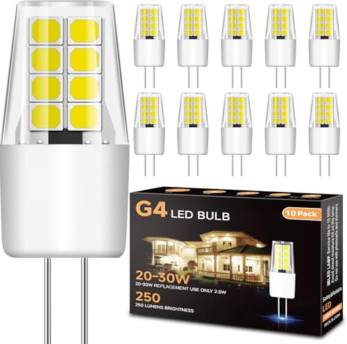 TJOY G4 Led Bulb, 10 Pack 12V Landscape Light Bulbs, Replacement 20W-30W T3 G4 Halogen Bulb, Daylight White 6000K, 2.5W 250LM G4 Bi Pin Base for Outdoor Landscape Lighting, Under Cabinet, Chandeliers