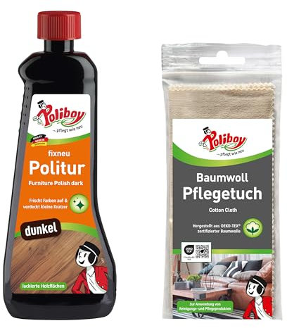 POLIBOY fixneu Politur dunkel - Holzpflege für dunkle lackierte Holzmöbel - Möbelpolitur zur Farbauffrischung & Schutz - 1x 500 ml - inkl. Baumwolltuch zur Anwendung - Made in Germany