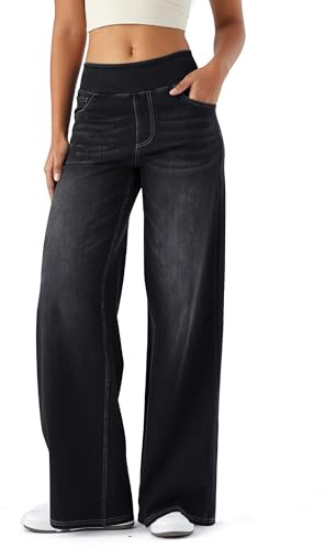 LaiEr Pantalon en Denim à Jambe Large pour Femmes, Taille Haute, Jambe Droite, Coupe Ample, Jeans décontractés très Extensibles pour Le Yoga, Le Fitness, Les Sports décontractés.Gris Foncé,XXL
