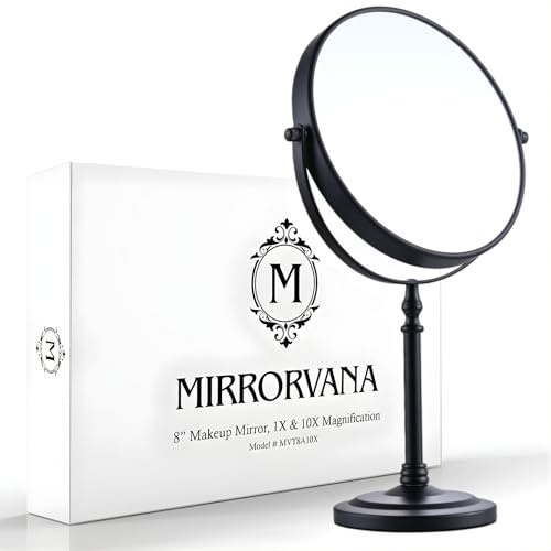 MIRRORVANA Stor 10 x förstoringsspegel på stativ för sovrum och badrum, klassisk fristående rund bordsspegel med dubbelsidig 10 x 1 x förstoring, 38 cm hög och 20 cm bred (svart)