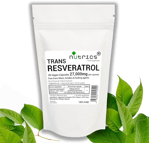 Nutrics® 27,000mg (per Capsule) Trans RESVERATROL 30 V Capsules Reynoutria Japonica Extract Polygonum Cuspitadum - 100% Pure No fillers, Binders or Bulking Agents