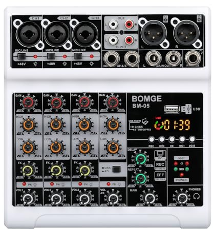 BOMGE Mixer audio, console di mixaggio sound board con 5 canali USB digitale Bluetooth effetto ritardo eco, alimentazione phantom 48 V, mixer stereo DJ per registrazione, live streaming, podcasting